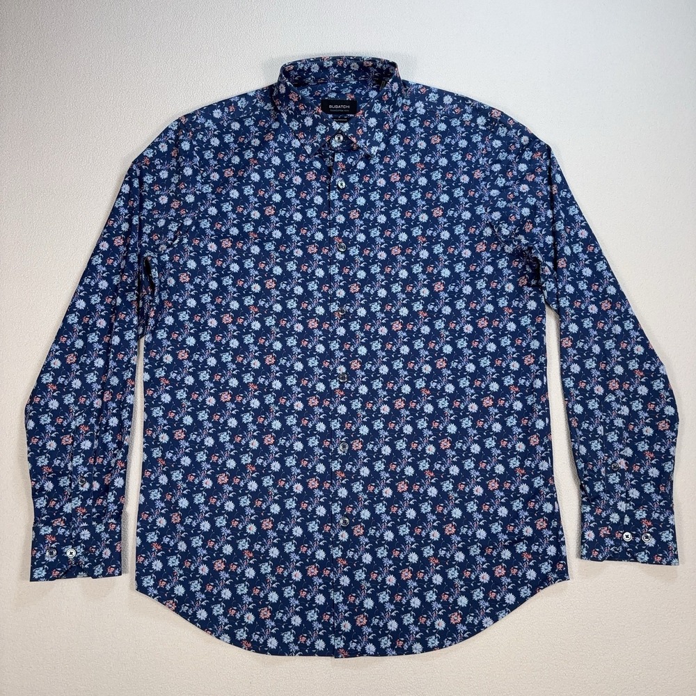 Bugatchi OoohCotton Tech Shirt Men M Night Blue Floral 8-Way Stretch Button Down